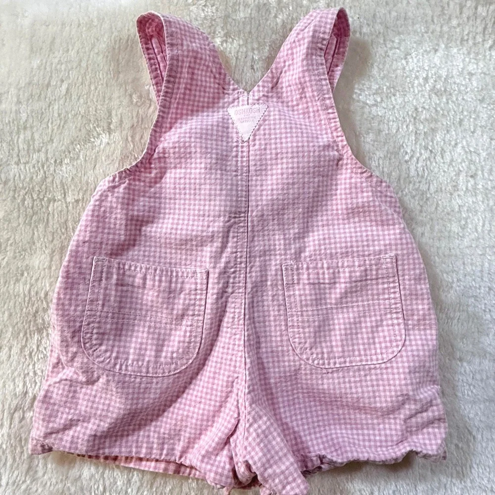 Vintage OshKosh Bgosh Baby Girls Pink Gingham Cotton Shortalls Overalls 3-6 M